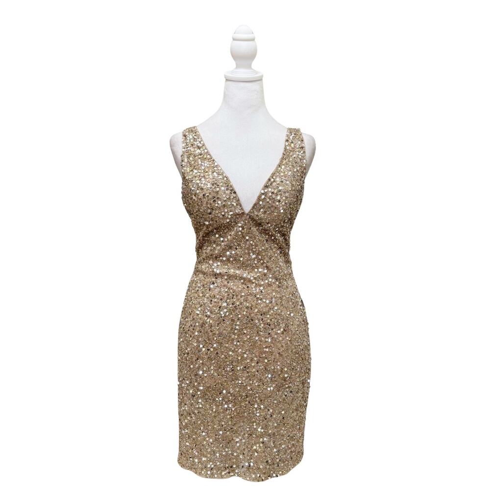 Mac Duggal Sleeveless Sequin Mini Dress 8 Gold NWT Style 5201 - Picture 3 of 9